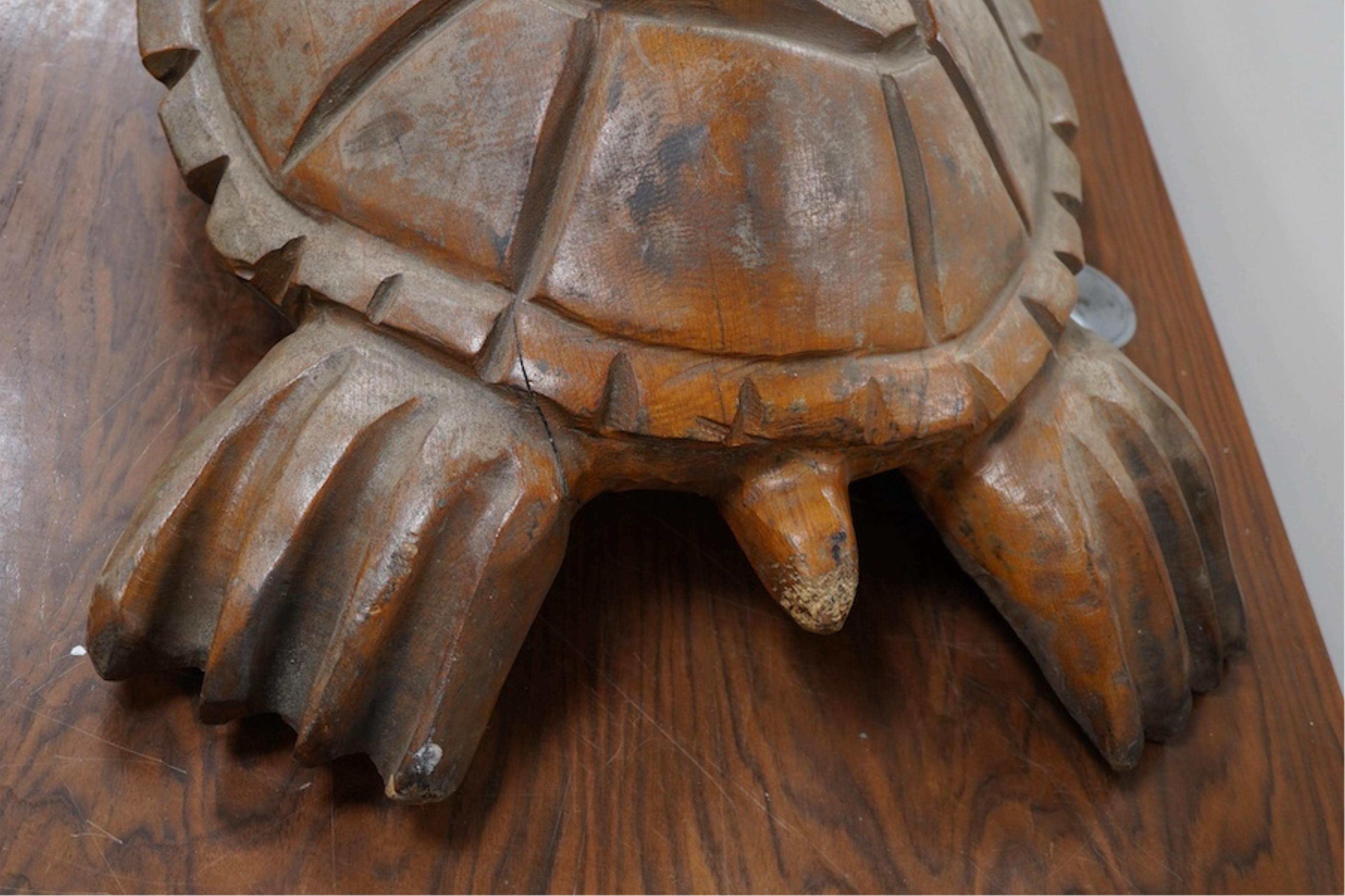 A large novelty carved weathered teak model of a green turtle